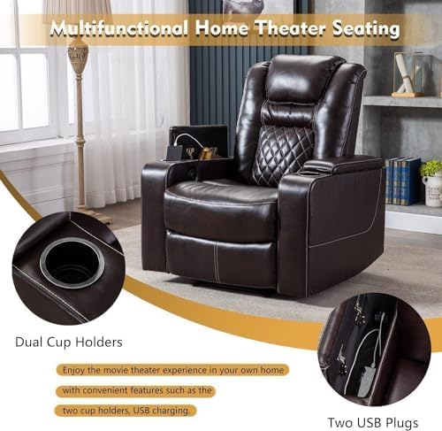 CANMOV Electric Power Recliner Chair Set of 2, Breathable Leather Home Theater Seating with Hidden Arm Storage, Power Recliner Chair for Living Room with USB Ports and Cup Holders,Brown
