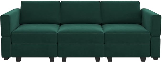 Belffin Modular Sofa Couch with Storage Seats Velvet 3 Seater Sofa for Living Room Green