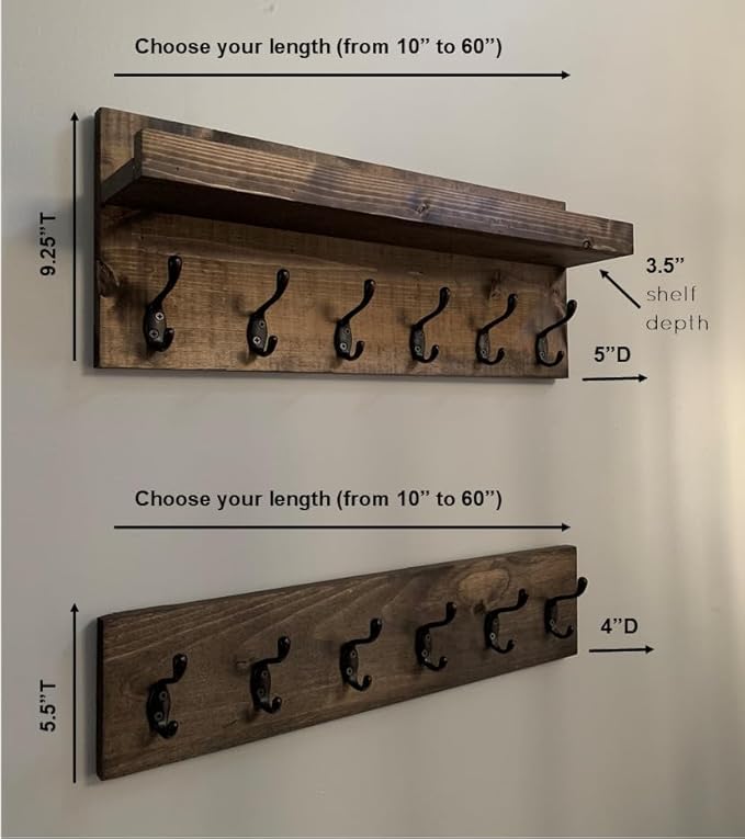Coat Rack with Shelf Wall Mounted with Storage (Choose Your Length) Towel Rack Entryway Organizer Key Hooks (20" L (5 Hooks) Set of 2)