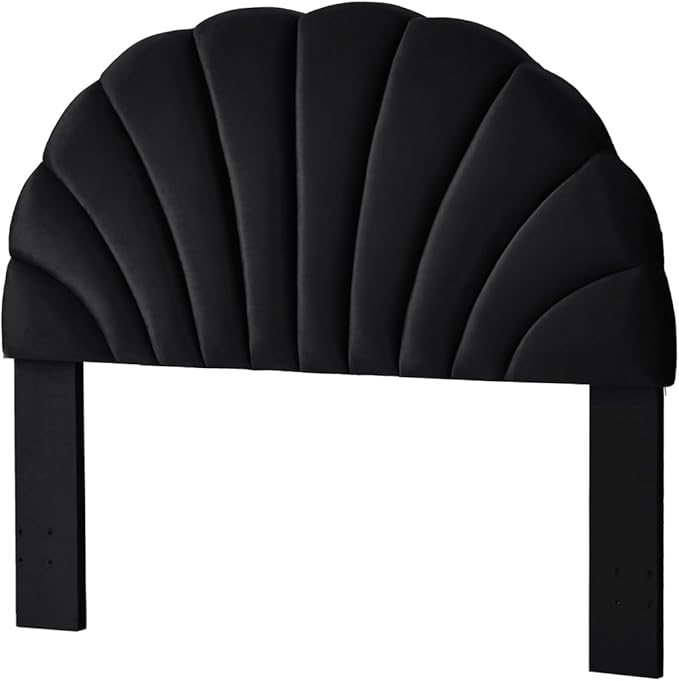 24KF Stunning Crown Design Queen Headboard, Upholstered Soft Velvet Petal Pattern Headboard Queen/Full-Black