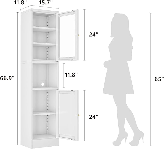 67" Tall Bathroom Storage Cabinet, Narrow Metal Floor Cabinet with Glass Door and Adjustable Shelves, Freestanding Metal Locker for Laundry, Kitchen, Dining Room