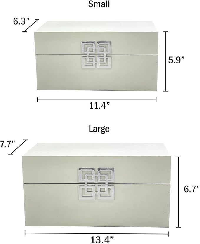 Galt International Storage Box Set Decorative Storage Box w/Hinged Lid Classic Design Wood Decor Boxes with Geometric Clasp Storage for Bedroom & Home - Set of 2 (White & Silver)