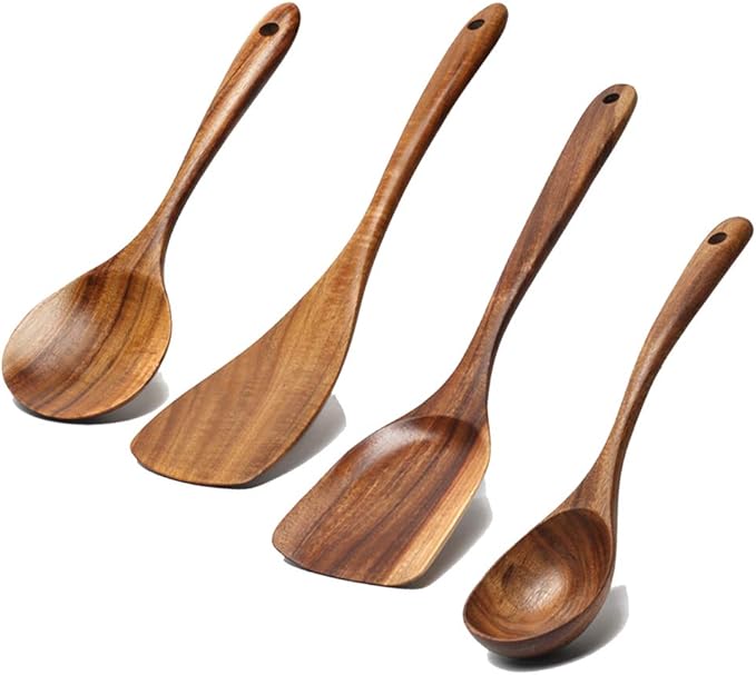 5 Pcs Best Wooden Spoons for Cooking Kitchen Utensils Set Acacia Wood Cooking Spatula Turner Non Toxic Utensil Slotted Serving Spoon Flat Spatulas Set Wooden Utensis Mixing Cooking Spoon Kitchen Tools