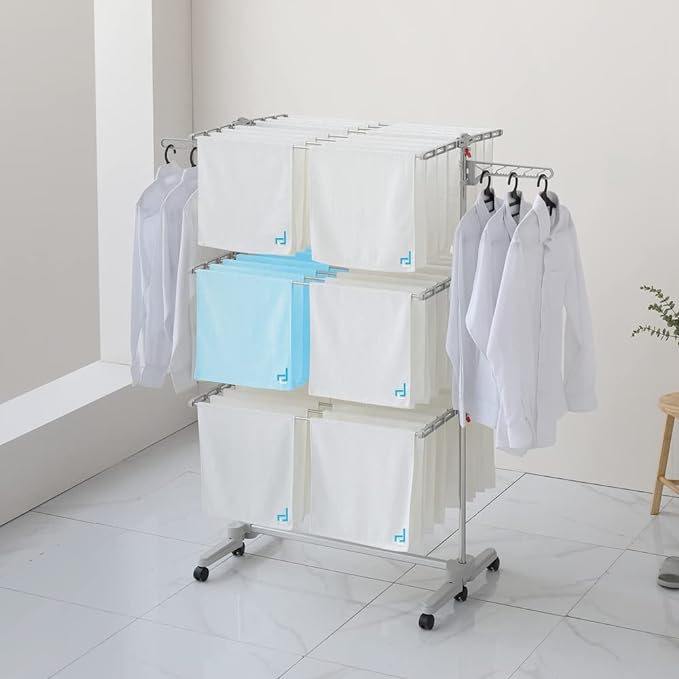 Foldable Laundry Drying Rack with Wheels - 48 Drying Rods, Heavy Duty, Movable, Perfect for Clothes, Duvet, Socks, Bed Linen, Sheets, 6 Wings
