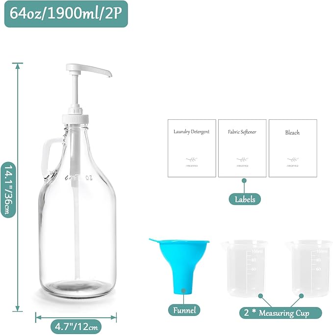 Glass Laundry Detergent Dispenser with Pump, 64OZ Liquid Laundry Soap Dispenser, Fabric Softener Dispenser Bottle for Laundry Room Organization and Storage, 2 Pack