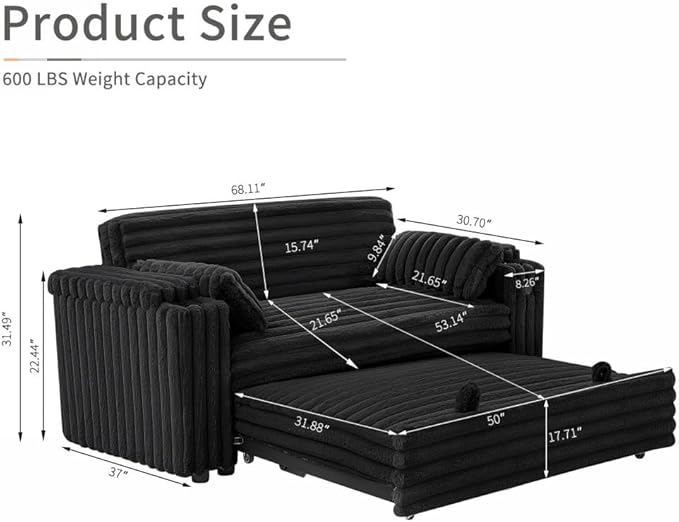 68.11" Corduroy Convertible Sofa Bed with USB Charging Port, Foldable Sleeper Chair with Pillows & Armrests, 3-in-1 Floor Couch for Living Room, Bedroom, Guest Room – Black