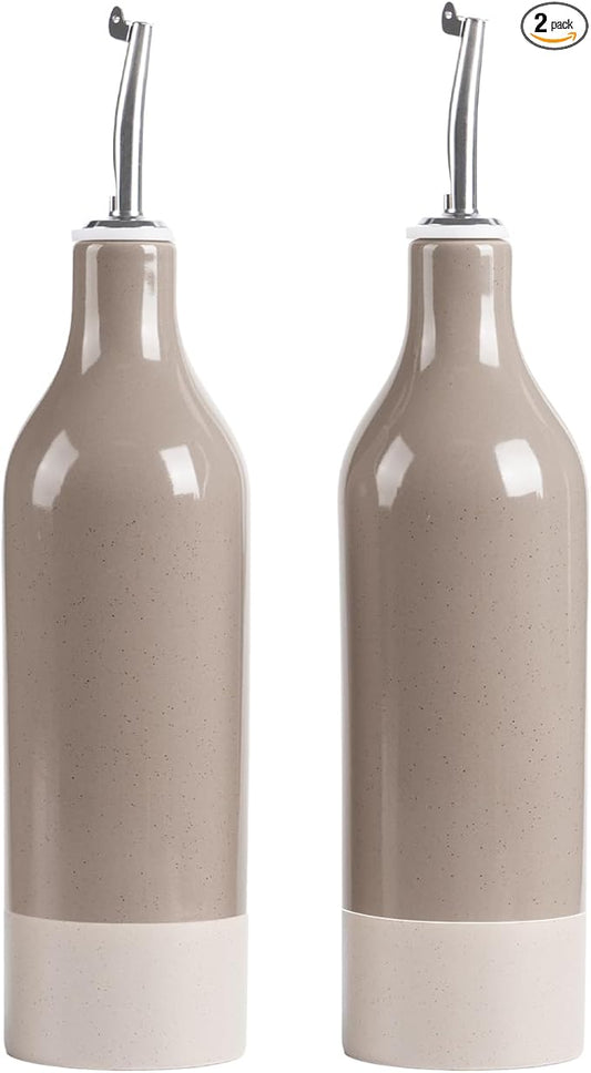 famiware Milkyway 16oz Ceramic Olive Oil Dispenser Bottle, Olive Oil and Vinegar Dispenser Bottle Set of 2 with Stainless Steel Pourers, Suitable for Storage Vinegar, Liquids, Cinnamon Brown