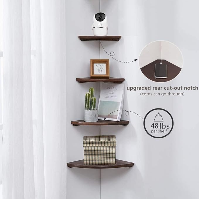 Corner Shelves, Floating Corner Shelf, Set of 2 7inch Solid Oak Wood Corner Wall Shelves, Round End with Wire Hole for Small Plant for Bedroom Kitchen, Living Room