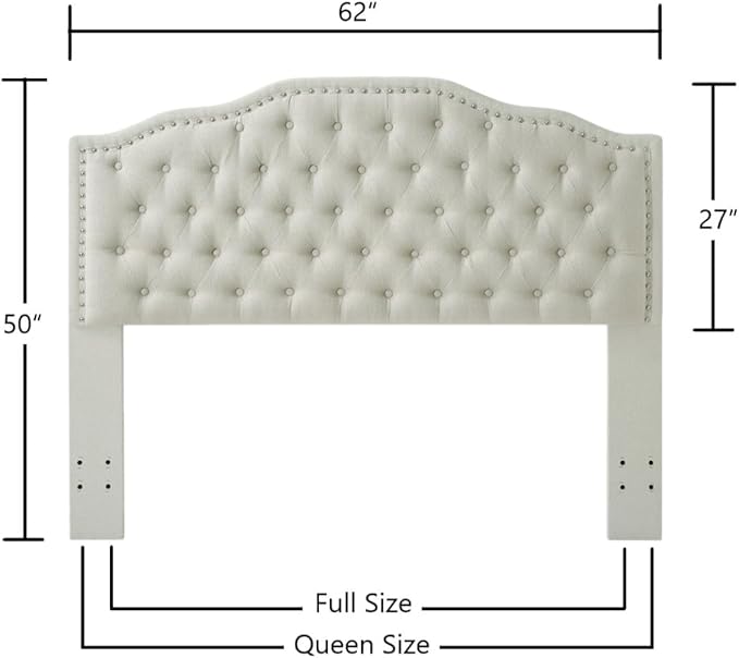 24KF Upholstered Button Tufted Queen Headboard with Nailhead Trim, Elegant Boucle Fabric Full headboard, 6031-Q-Boucle-Beige