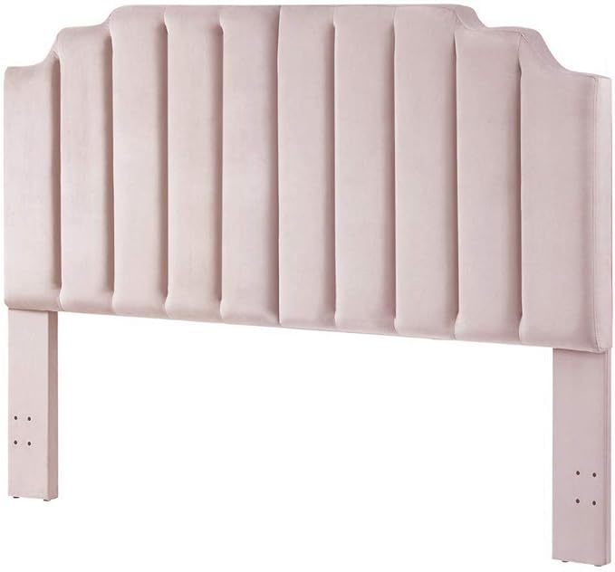 24KF Pink Velvet Tufted King Upholstered Headboard, Modern Vertical Channel Design California King Headboard with Stepped Silhouette Top Edge, Pink