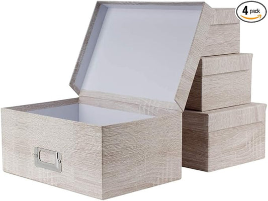 Briful Photo Boxes with Lids - 4 in 1 Set Waterproof Storage Boxes with Handles - Decorative Multiple Size Storage Bins for Clothes/Shoes/Office/Cosmetic/Books