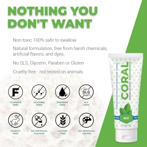 Coral White Nano Silver Mint Toothpaste, Natural Fluoride Free Teeth Whitening Toothpaste, Coral Calcium Nano Silver Infused SLS, Glycierin Free 4 Ounce (2 Pack)