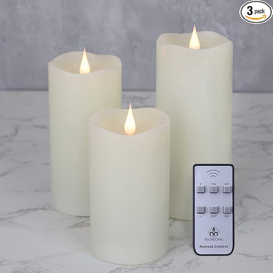 Flickering Flameless Candles with 3D Moving Flame Set of 3(H 5" 6" 7" x D 3"), Last 1000+ Hours Battery Operated Candles with Remote Timer, Ivory Real Wax Electric LED Pillar Candles