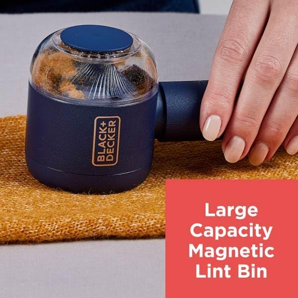 BLACK+DECKER Rechargeable USB-C Fabric & Garment Shaver – Large Capacity Lint Remover for Clothing and Upholstery, 6 Stainless Steel Blades