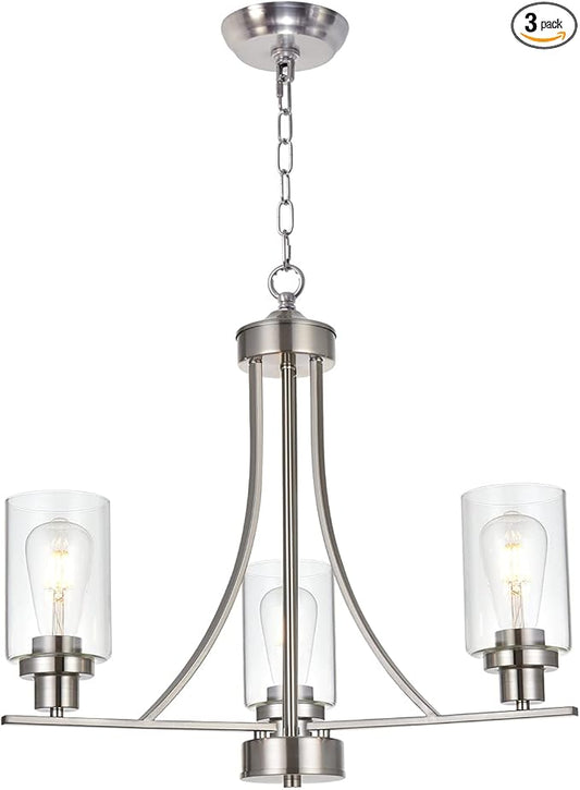 BONLICHT Contemporary Chandelier 3 Light Brushed Nickel Modern Lighting Fixtures Hanging Clear Glass Shades Pendant Light Classic Ceiling Lamp for Kitchen Dinging Room Living Room Bedroom Hallway