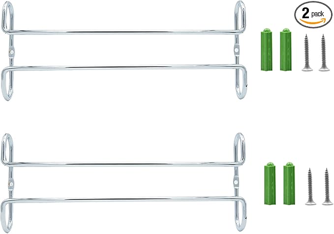 10 Inch Wine Glass Rack Under Cabinet Shelf Stemware Storage Hanging Hanger Organizer Glasses Holder with Drying Under Counter Metal for Kitchen and Bar Set of 2 Silver