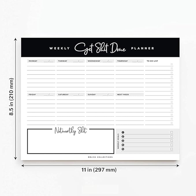 Bliss Collections Weekly Planning Pad, To Do List Notebook - Undated Tear-Off Sheets Notepad - Work Calendar, Organizer, Scheduler for Goals, Tasks - Get Stuff Done, 8.5" x 11", 50 Sheets