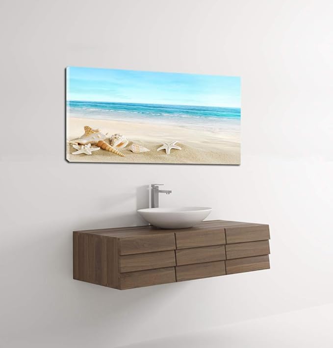 DZL Art S73962 Beach Picture Decor Ocean Painting Canvas Wall Art Prints of Starfish and Seashell on Sandy Seaside Ready to Hang for Living Room Bedroom Office Wall Decor Home Decoration