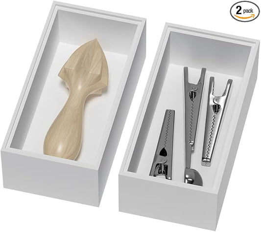 Bamboo Drawer Organizer, Small Silverware Organizer for Kitchen Drawer, Stackable Utensil Organizer, 2 Pcs Flatware Organizer Wooden Storage Box Tray (White, 6 X 3 X 2 Inch)