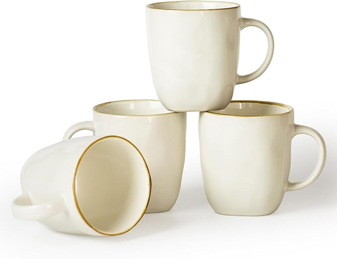 famiware Coffee Mugs Set of 4, Ocean Square 13oz Coffee Cup Set with Handle for Cocoa, Milk, Hot Chocolate, Tea, Water, Stoneware Cups for Kitchen, Microwave and Dishwasher Safe, Vanilla White
