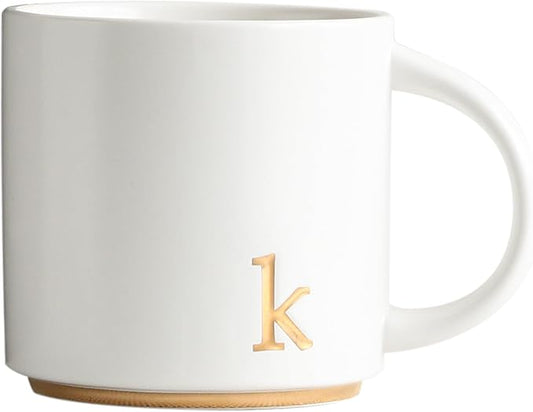 COLLECTIVE HOME - Monogram Ceramic Mugs, 15 oz Golden Initial Coffee Cups, Elegant Alphabet Tea Mugs, Elegant Personalized Mug with Gift Box, Luxurious Cups for Office and Home (k)