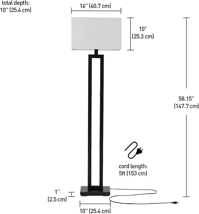 GLOBE Electric 67046 58" Floor Lamp, Matte Black Finish, White Linen Rectangular Shade, Modern Geometric Cutout Design, E26 Base