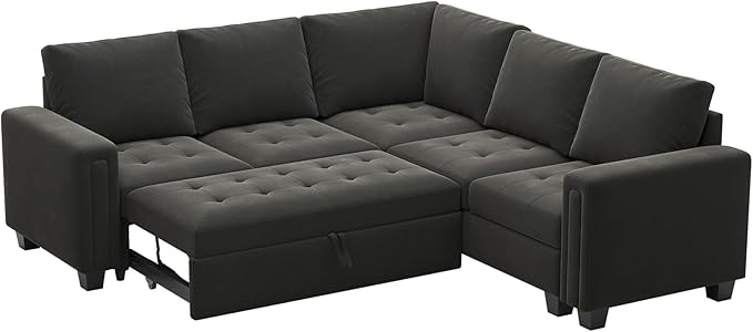 Belffin Modular Sectional Sleeper Sofa with Pull Out Couch Bed Velvet Convertible L Shaped Sectional Couch for Living Room Apartment Grey