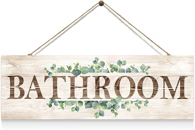Bathroom Sign Wall Decor, Bathroom Wall Art with Plant Print, Rustic Farmhouse Wall Hanging Plaque Home Kitchen Decorative Bathroom, 4.7 x 13.7 inches