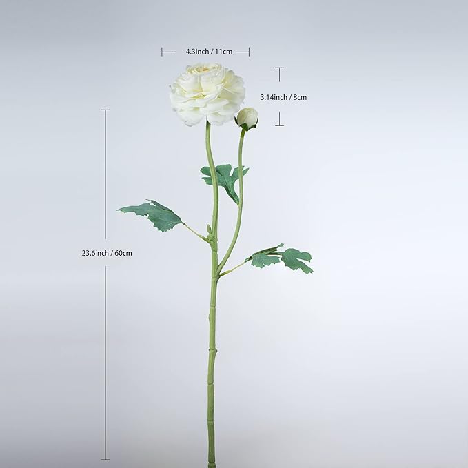 Artificial Ranunculus Long Stem Buttercup Silk Flowers 6pcs for Home Decor and Wedding Decorations(White 1)