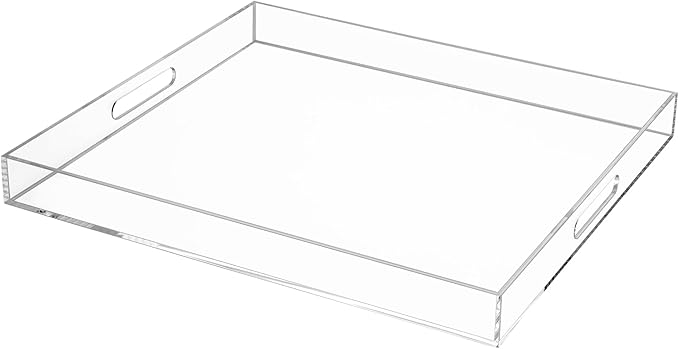 Clear Rectangular 18x20 Inches Acrylic Ottoman Tray Decorative Serving Tray with Cutout Handles Organizer Tray on Coffee Table Countertop Big Breakfast Bed Tray Living Room Appetizer Serving Food