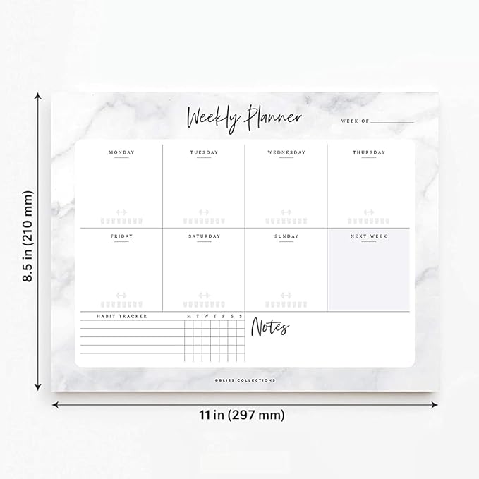 Bliss Collections Weekly Planning Pad, To Do List Notebook - Undated Tear-Off Sheets Notepad - Work Calendar, Organizer, Scheduler for Goals, Tasks - Marble, 8.5" x 11", 50 Sheets