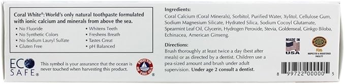 Coral White - Coral White Mint Toothpaste Natural Fluoride SLS Free Coral Calcium Remineralizing Toothpaste 4 Ounce