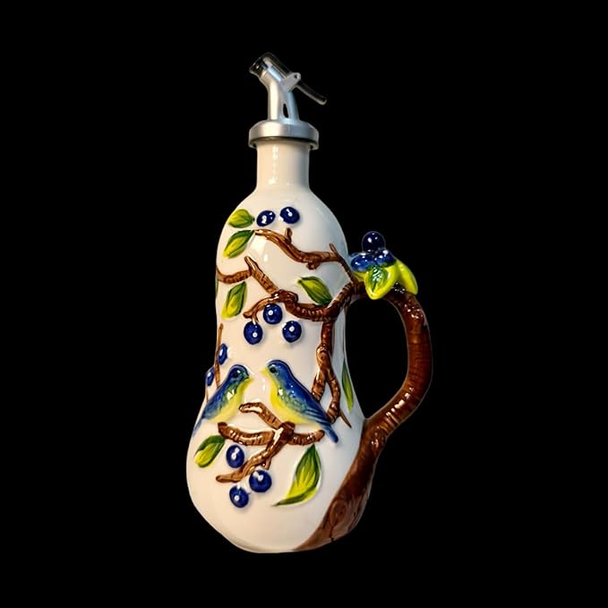 18 Oz Hand Painted Relief Ceramic Olive Oil Bottle Dispenser for Kitchen, Oil and Vinegar Bottle, Seasoning Bottle with Stainless Steel Nozzle, 540mL Oil Container with Handle for Cooking, Light Proof