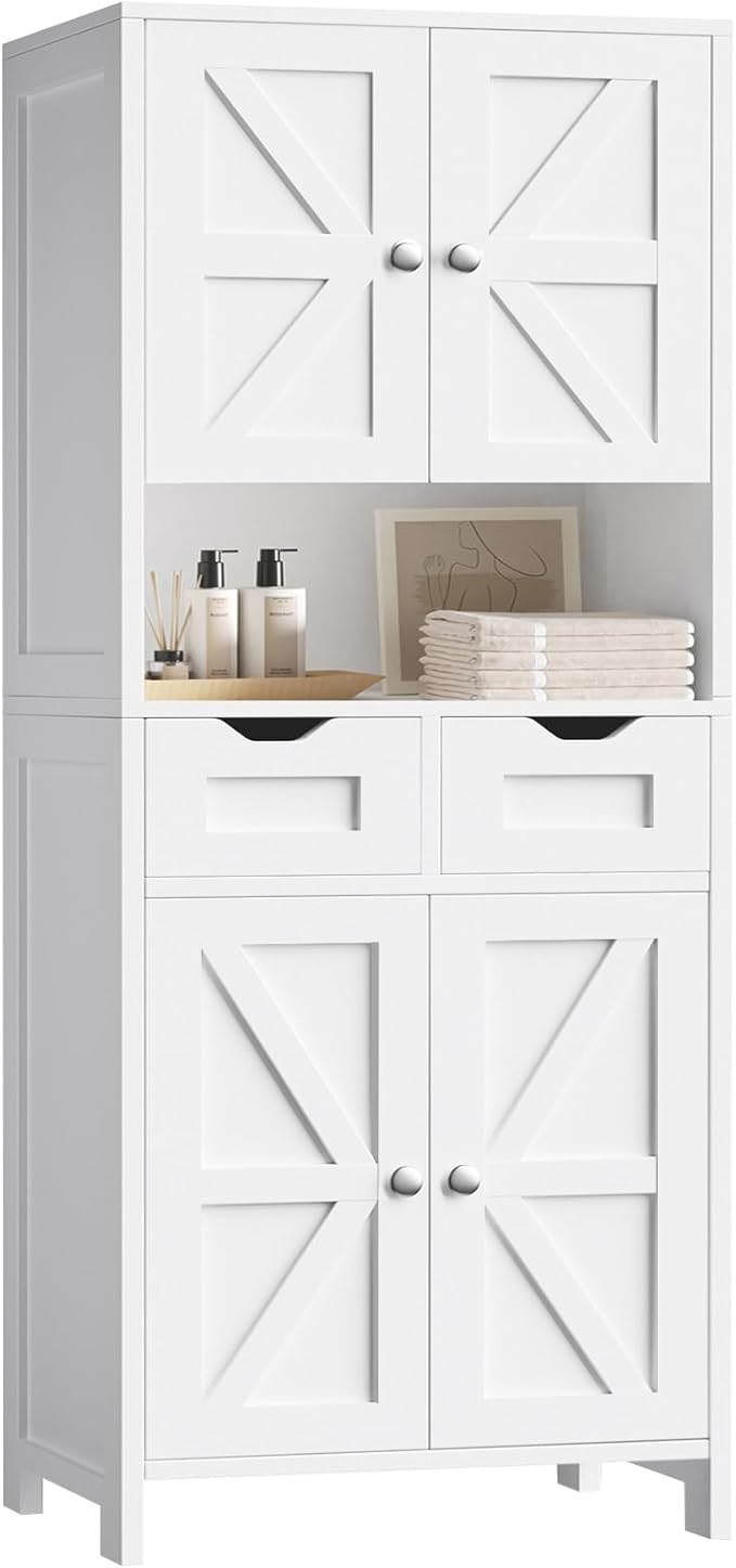 ANWBROAD 67” Bathroom Storage Cabinet Tall Storage Cabinet with Adjustable Shelves and Drawers Freestanding for Bathroom Kitchen Pantry Living Room Cabinet USBC002W