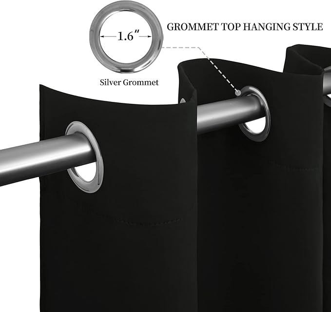 Easy-Going Blackout Curtains for Bedroom, Solid Thermal Insulated Grommet and Noise Reduction Window Drapes, Room Darkening Curtains for Living Room, 2 Panels (52x108 in,Black)