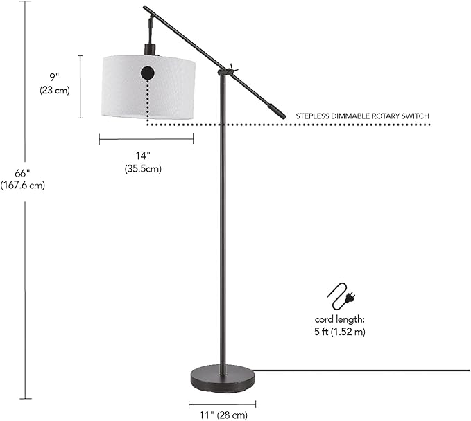 GLOBE Electric 67525 Avellino 66" Floor Lamp, Matte Black, White Linen Shade, Stepless Rotary Dimmer Switch on Socket