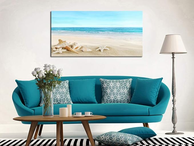 DZL Art S73950 Beach Picture Decor Ocean Painting Canvas Wall Art Prints of Starfish and Seashell on Sandy Seaside Ready to Hang for Living Room Bedroom Office Wall Decor Home Decoration