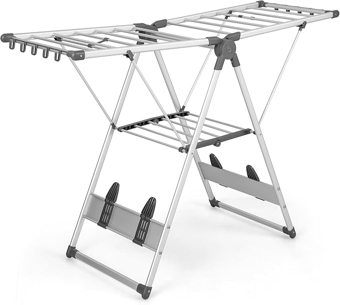 Giantex Clothes Drying Rack, 2-Layer Aluminum Foldable Laundry Drying Rack with 5-Level Adjustable Height, 21 Drying Rails, 10 Side Clips, 4 Shoe Holders, Space Saving Collapsible Laundry Drying Rack