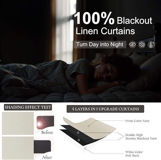 DANCURTON Living Room Black Out Curtains 63 Inch Long Boho Linen Blackout Insulated Thermal Room Darkening Kitchen Drapes for Nursery Kids Home Office Energy Saving Noise Reducing Back Tab Beige 52x63