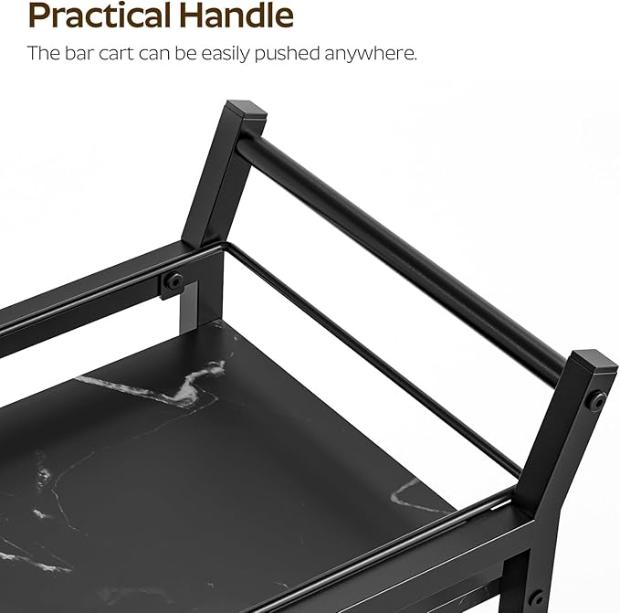 Bar Cart, Bar Cart for The Home, Small Bar Cart on Wheels, Beverage Cart, Home Bar Serving Cart with Glass Holder, Drink Cart for Bar, Kitchen, Dining, Marble Black and Black BC03BM