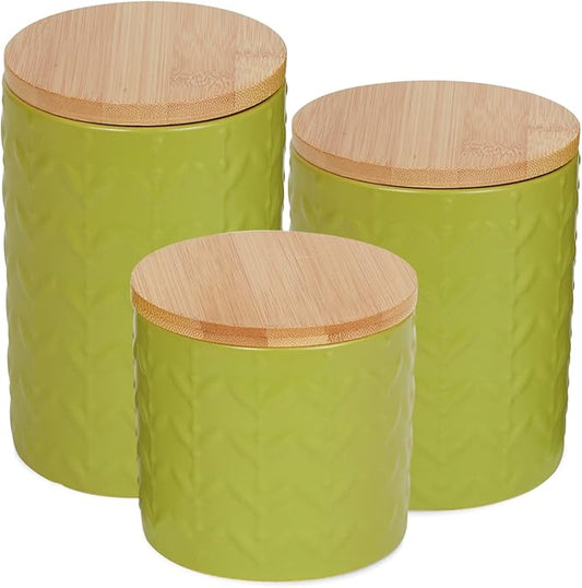 DII Kitchen Accessories Collection, Textured Matte Ceramic Canister Set, Avocado, Vine, 3 Piece