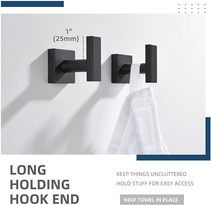 Angle Simple Bathroom Towel Hooks, Stainless Steel Robe Coat Hooks for Wall, Matte Black, 2 Pack