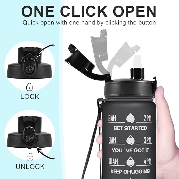 Enerbone Water Bottle, Leakproof BPA & Toxic Free, Motivational Water Bottle with Times to Drink and Straw, Fitness Sports Water Bottle with Strap for Office, Gym, Outdoor Sports