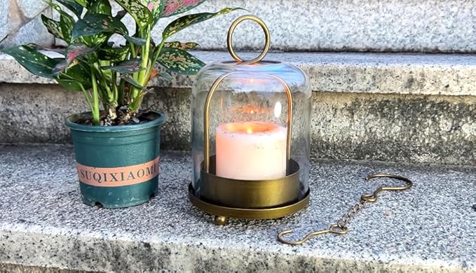 5"x7.5" Versatile Modern Metal Hurricane Lantern with Handmade Sturdy Glass Dome for 3" Pillar Candle & Plants (Brass, 5"x7.5" for 3" Pillar)