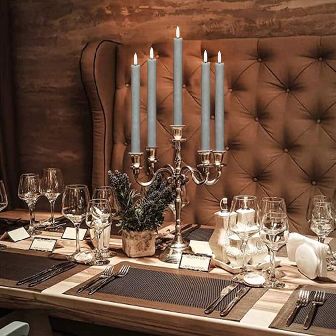 GenSwin Flameless Grey Taper Candles Flickering with 10-Key Remote, Battery Operated Led Warm 3D Wick Light Window Candles Real Wax Pack of 6, Christmas Home Wedding Decor(0.78 X 9.64 Inch)