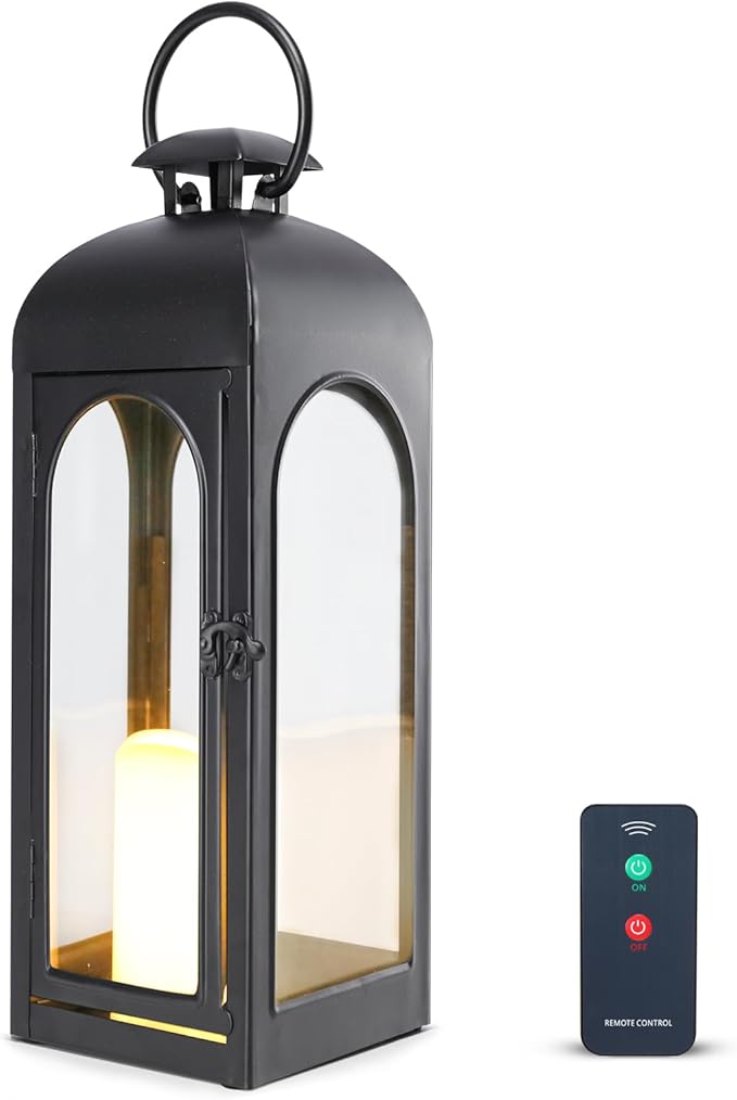 Bdor 20 Inches Metal and Stainless Steel Glass Decorative Lantern with Electronic Wax Effect - Indoor/Outdoor Decorative Lighting, Handcrafted Aesthetic, Perfect for Home, Parties, and Holiday Decor