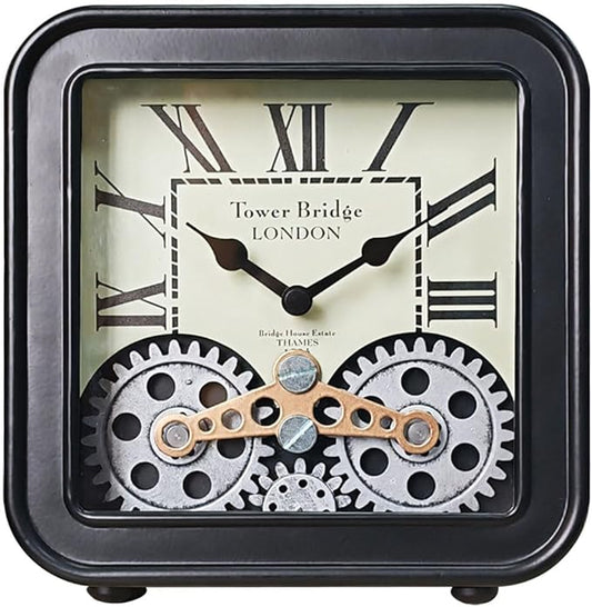 Desk Clock Vintage Metal Table Clocks with Moving Gears, Silent Retro Industrial Steampunk Quartz Small 6 inch End Table Clock for Home Office Living Room Decor Battery Operated (Black)
