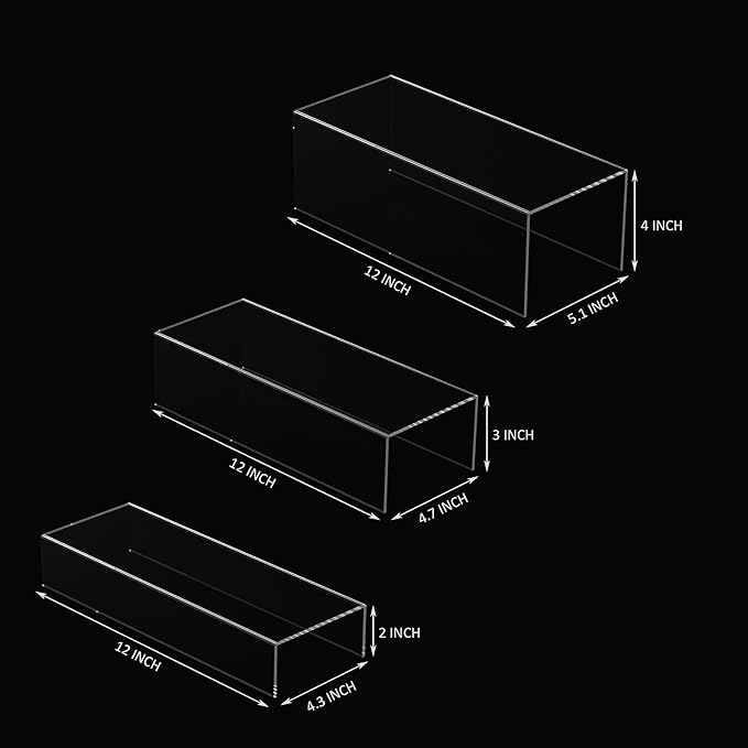 Clear Riser Display Shelf 3pcs, Desktop Rectangular Acrylic Display Shelves Storage Organizer, Acrylic Stands for Funko Pop Figure, Bags, Shoes, Spice Jars, Skincare, Cosmetics - 12-2'', 3'',