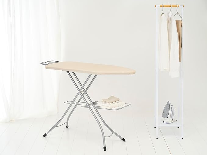 Brabantia Size C Ironing Board (49 x 18in) 7 Height Options, Adjustable Steam Iron Rest Holder & Linen Rack (Ecru) Non-Slip Feet, Anti-Collapse Child Locks
