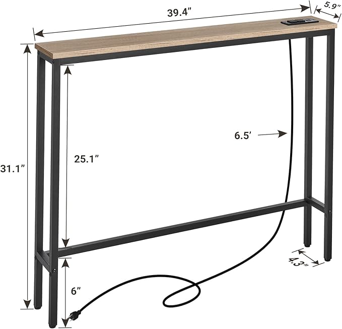 ELYKEN 5.9" Narrow Console Sofa Table with Power Outlets, 5.9" Dx39.4 Wx31.1 H Long Couch Table with Metal Frame and Charge Station with 6.5’ Extension Cord, White Oak